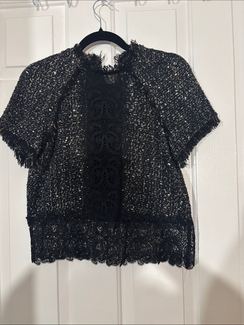 Zara Black Tweed Short-Sleeve Top with Lace Panel